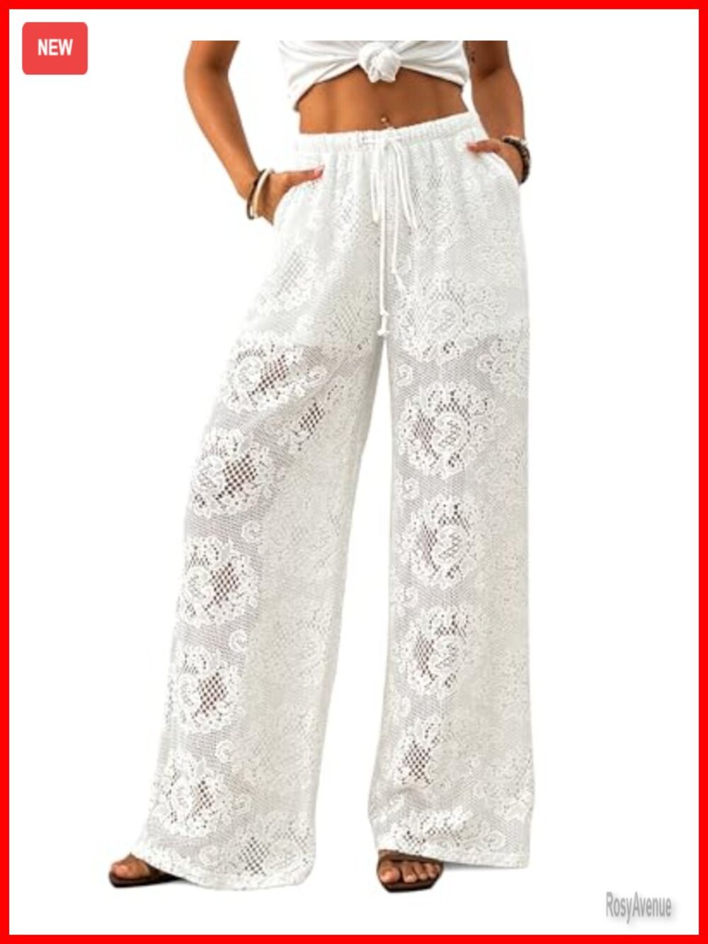 Crochet Sheer Wide Leg Drawstring Swimsuit Coverup Pants with Pockets
